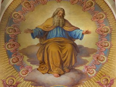 Religious painting of a seated bearded figure surrounded by cherubs.