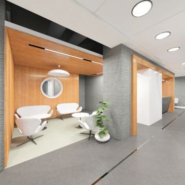 Modern office lounge with white chairs and wooden paneling.