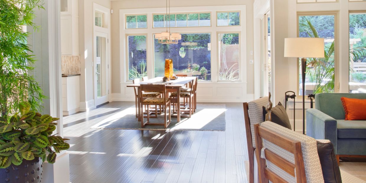 Bright and spacious dining area with large windows.