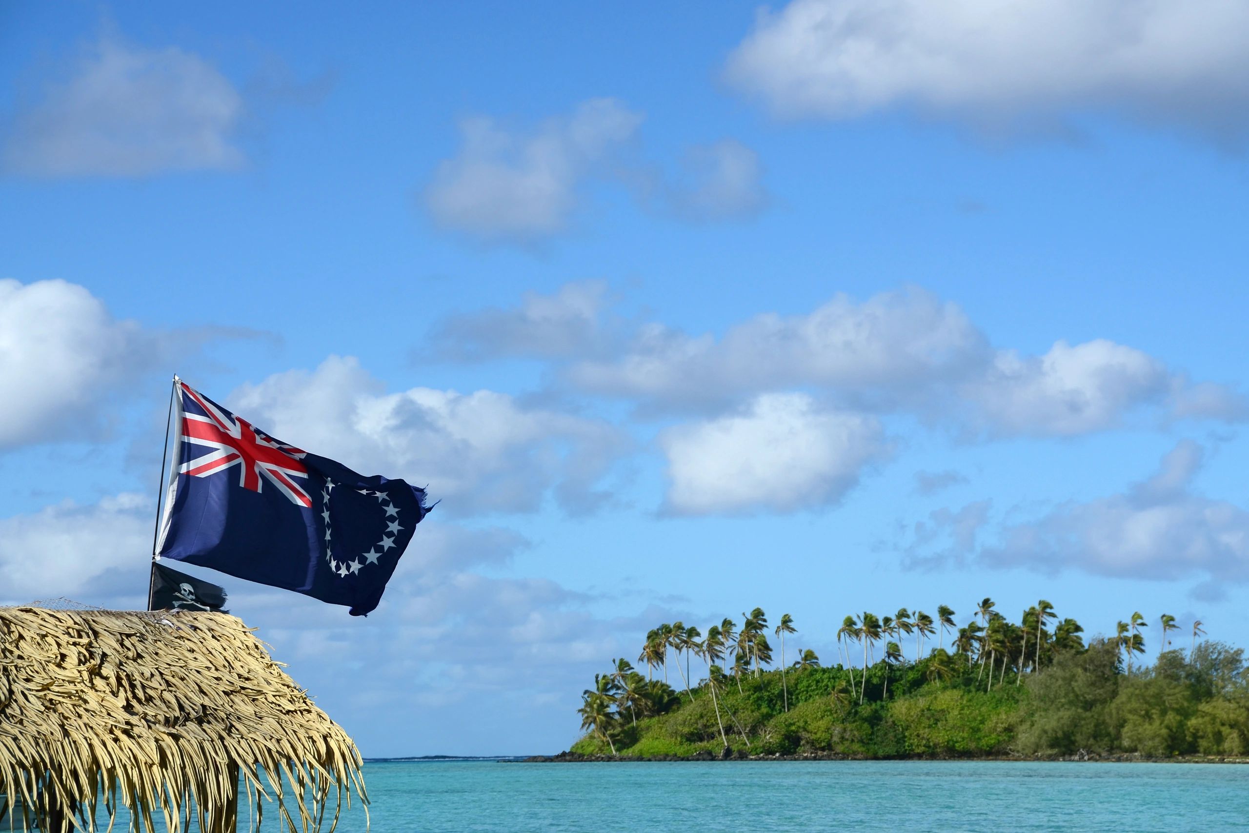 A tropical island with palm trees and a flag on a thatched roof by the blue sea.