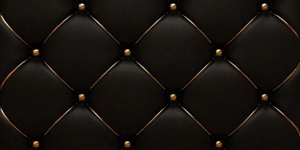 Close-up of black leather upholstery with gold studs.