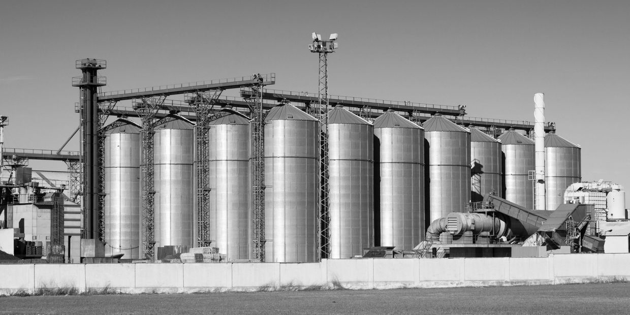 Silos industriales grandes en una planta de procesamiento.
