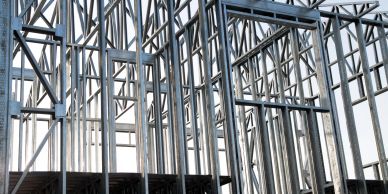 Steel frame structure of a building under construction.
