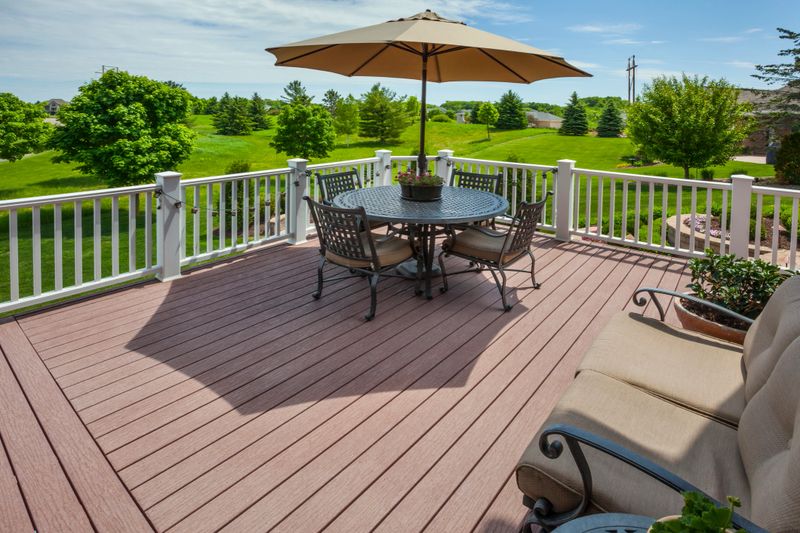 Eye-level view of a wooden deck with light-brown deck chairs, a table with an umbrella and white railings surrounding its border.  There are flowers on the table and a plant pot with a shrub next to the chairs.  There is green grass, trees and homes in the background.