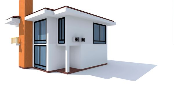 Modern two-story house with large windows and brick chimney.
