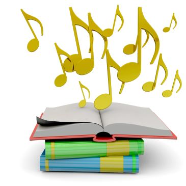 Books with floating musical notes.
