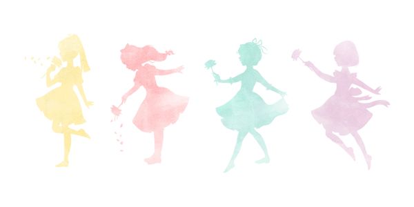 Watercolor silhouettes of four girls in pastel colors holding flowers.
