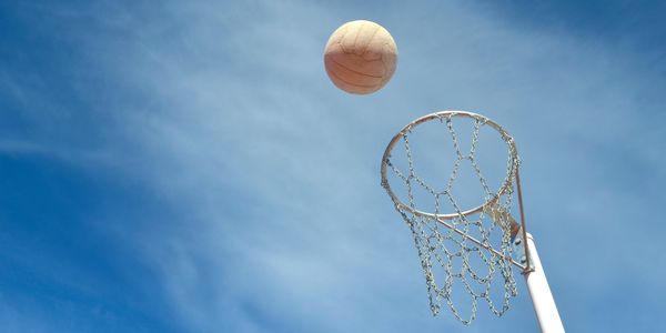 A ball is about to go into a net against a clear blue sky.