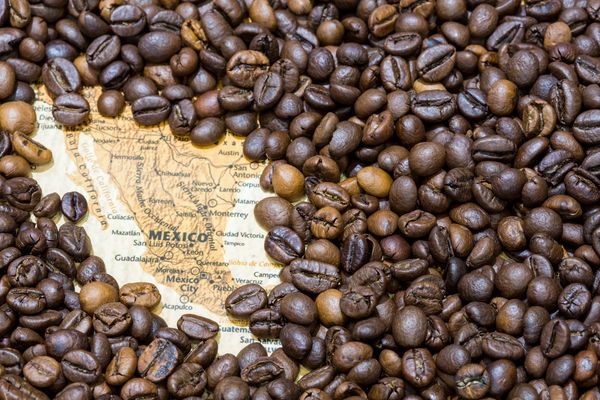 Coffee beans partially covering a map of Mexico.