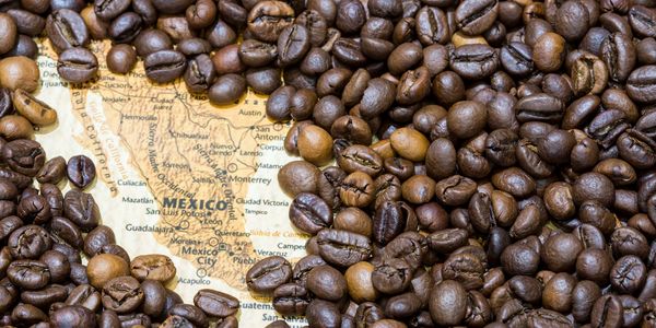 Coffee beans on a map of Mexico.