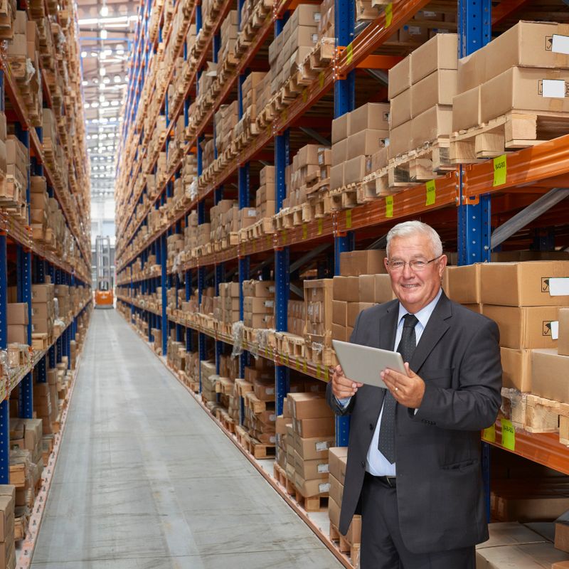 Manager using digital tablet in warehouse