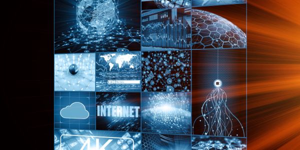 Digital network and internet technology represented through multiple blue-toned images.