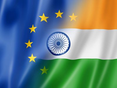 A merged flag of the European Union and India with stars and Ashoka Chakra.