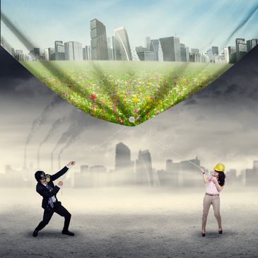 Two people unveiling a bright, green cityscape from a polluted, gray environment.