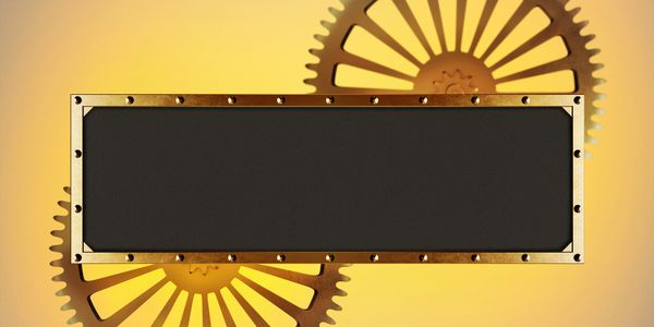 Empty blackboard with a metallic frame and gears in the background.