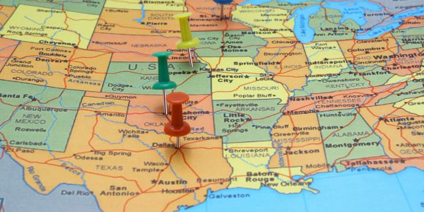 Pins marking locations on a U.S. map in the central region.
