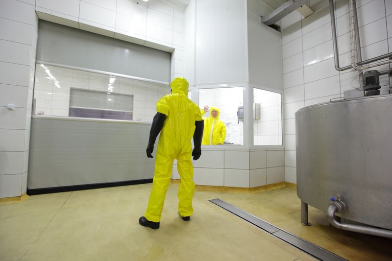 professionals in uniforms in modern plant