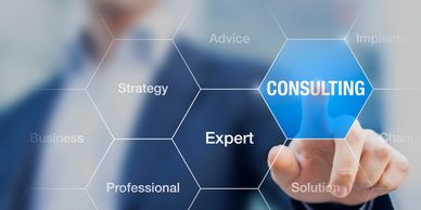 Businessman selecting consulting option on virtual interface.