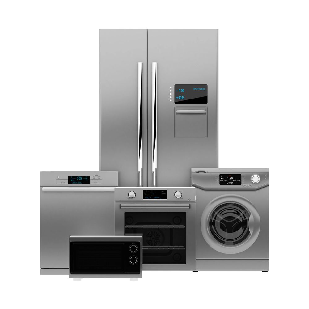 A set of modern stainless steel kitchen appliances with digital displays.