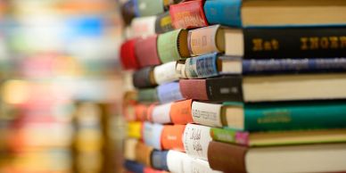 Close-up of stacked books.