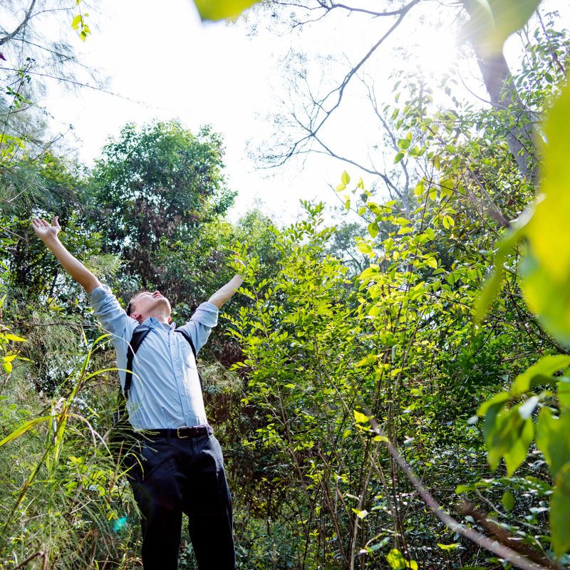 Asian male backpacker enjoying nature in forest