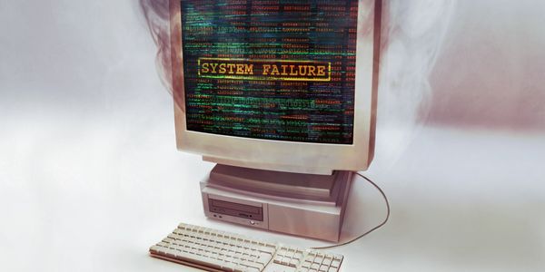 Old computer with smoke and SYSTEM FAILURE message on screen.