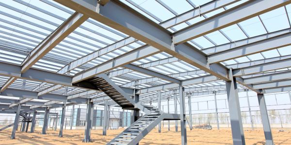 Steel framework of a large building under construction.