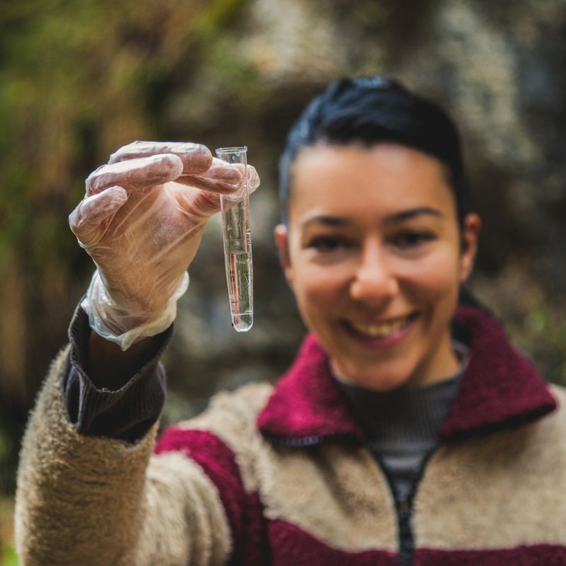 Young ecologist woman examines plants and water in the forest.