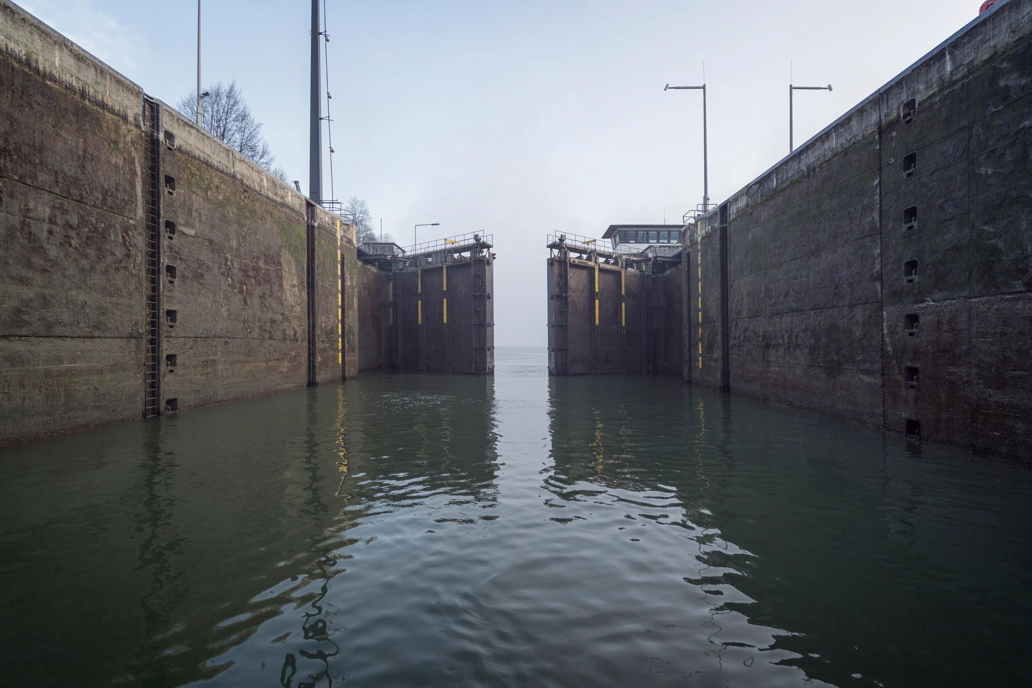 River lock with gates partly open. 
