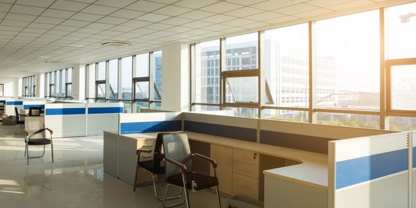 Sunlit modern office with empty workstations and large windows.