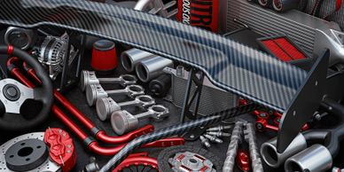 Close-up of high-performance car engine parts with red and metallic accents.