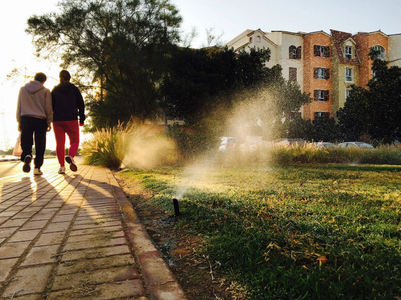 Mother and Son taking a morning walk, overlooking a bright sunrise in a community park.