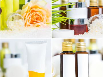 Collage of skincare and beauty products with natural elements like roses and leaves.