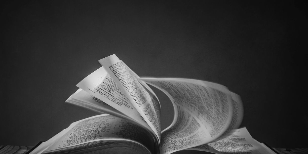 Black and white photo of pages flipping in an open book.