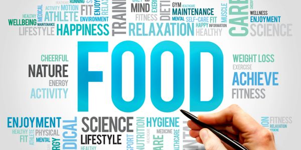 Hand writing the word FOOD surrounded by related health and wellness terms.