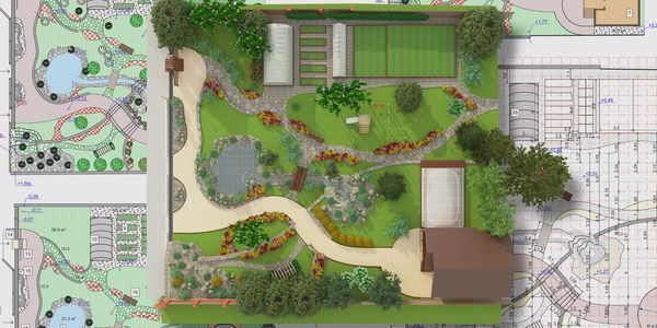 Detailed garden landscape design with pathways, ponds, greenhouses, and recreational areas.