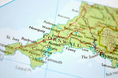 Map section showing Cornwall in England.