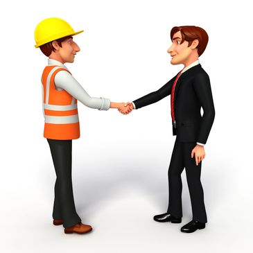 Cartoon businessman and construction worker shaking hands in agreement.
