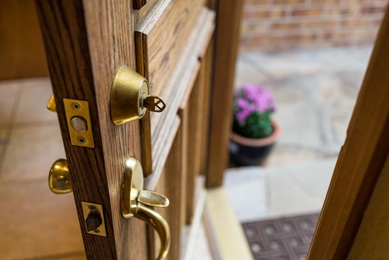 Front Door Left Open with Key in Lock - Home security breach with front door left open with key in lock.