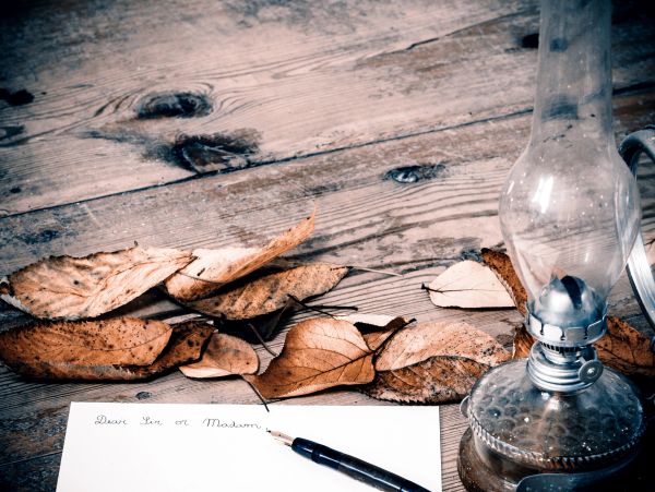 A handwritten letter, pen, dried leaves, and an oil lamp on a wooden table.