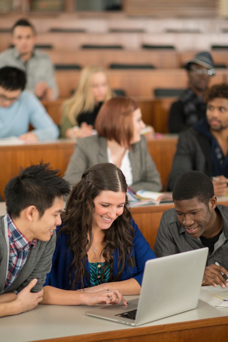 A multi-ethnic group of college age students are sitting in a lecture hall on campus and are working on an upcoming assignment. They are using a laptop to do research online.