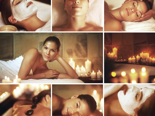 A woman enjoying various spa treatments including facial masks and massages in a candlelit room.