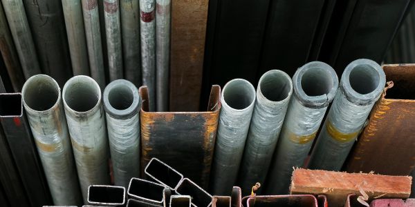 Stacked metal pipes and beams in a workshop or storage area.