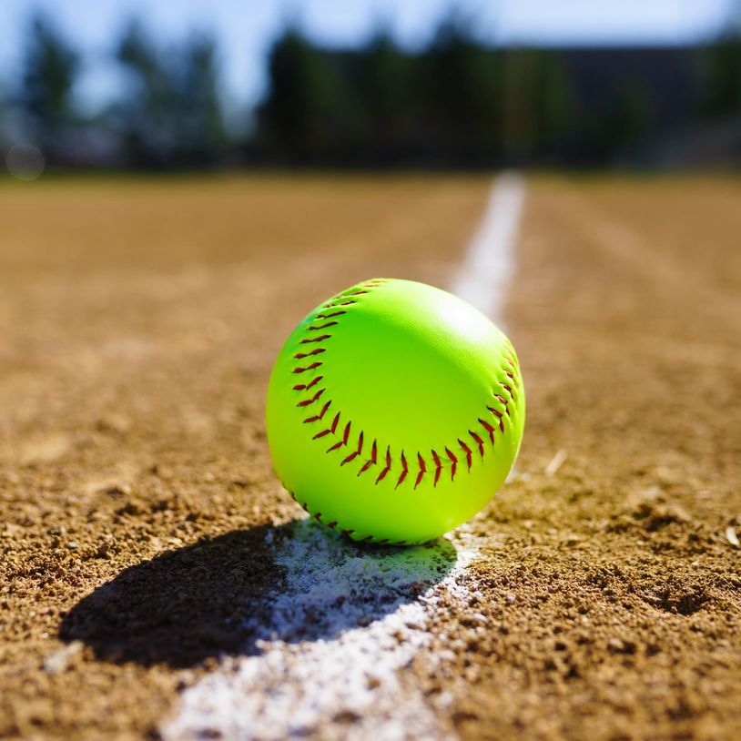 Bright yellow-green softball on the white line of a dirt field.