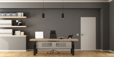 Modern office workspace with a desk and shelves.