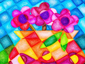 Flowers in a vase coloured onto tessellated squares. 