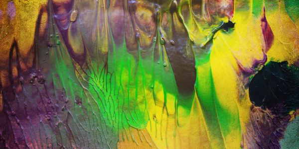 Vibrant abstract painting with green, yellow, purple, and black textures.
