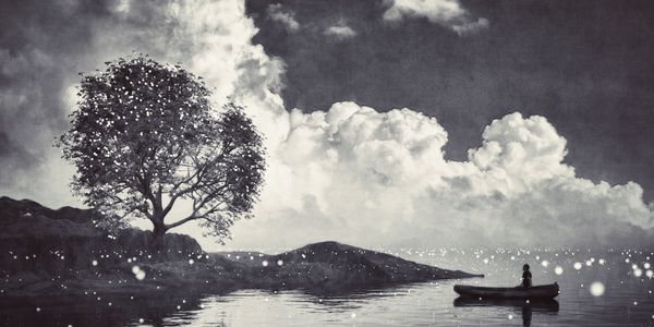 A lone person in a boat on a calm lake under a glowing tree and cloudy sky at night.