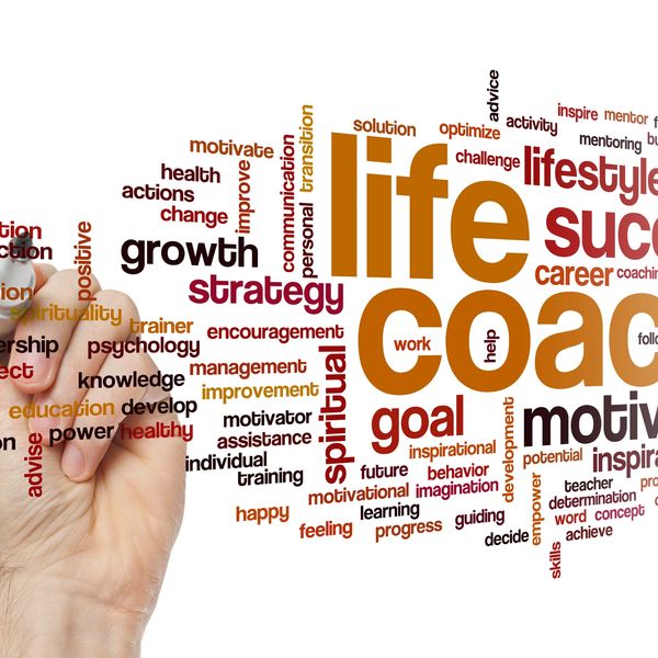 Word cloud highlighting life coaching concepts.