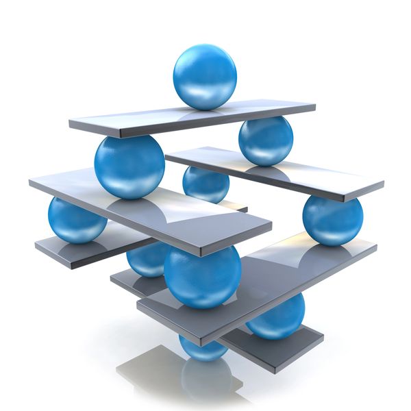 Blue spheres balancing silver rectangular plates in a 3D abstract structure.